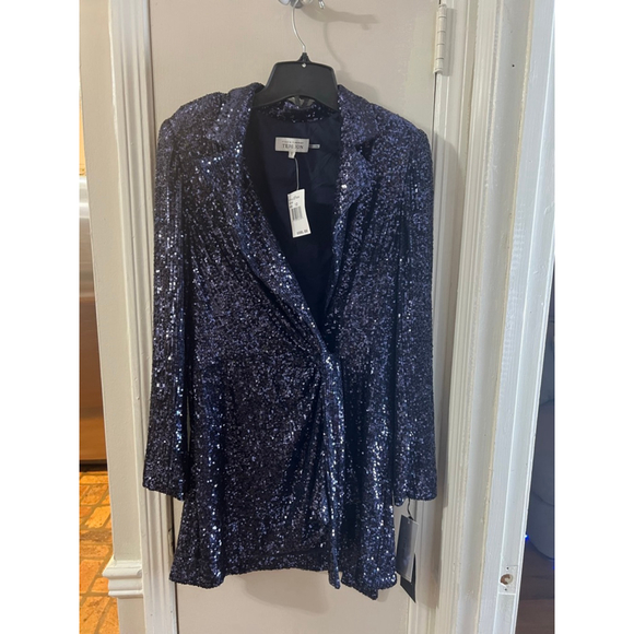 NWT $595 Rickie Freeman for Teri Jon Blue Sequin Wrap Dress Blazer SZ 12 - Picture 4 of 8